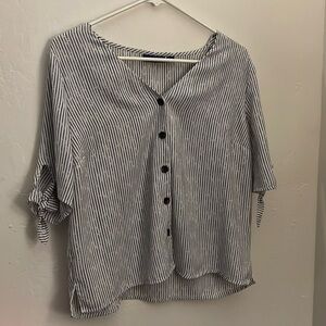 APT 9 Black & White Striped Button Front Short Tie Sleeve Blouse Shirt